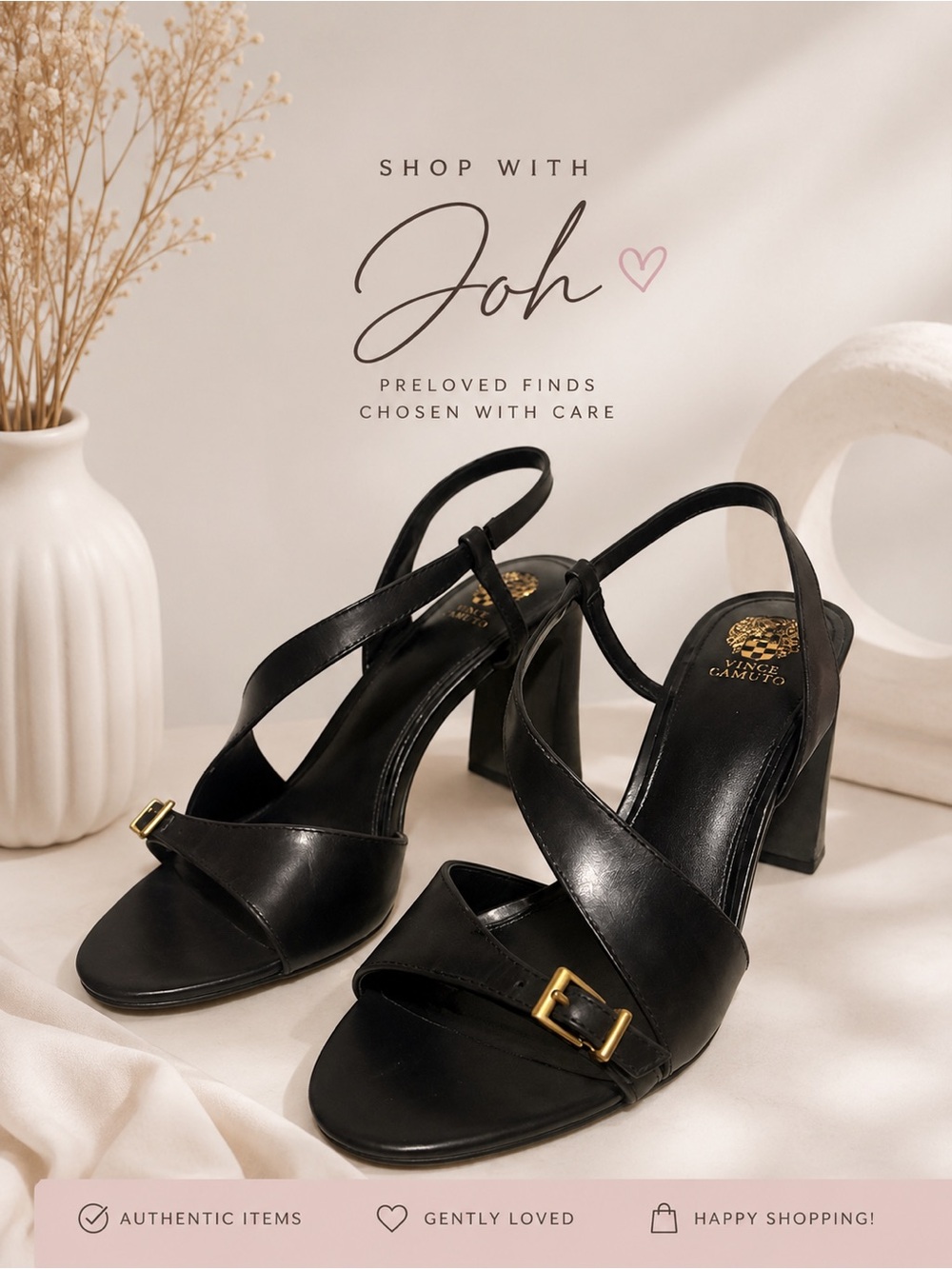 Vince Camuto Black Leather Strappy Block Heel Sandals with Gold Buckle 9.5M/40